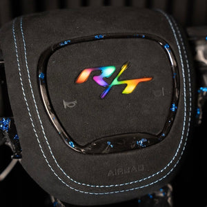 Custom R/T led airbag cover in Blue forged carbon trim piece with blue stitching