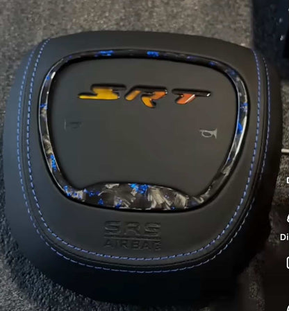 Custom R/T led airbag cover in Blue forged carbon trim piece with blue stitching