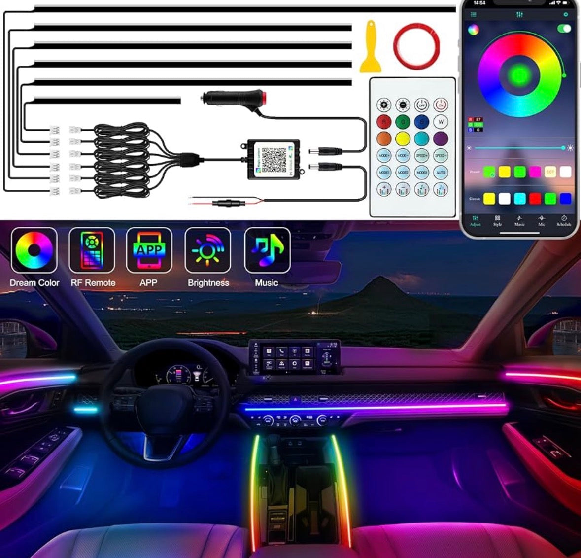 Dreamcolor Acrylic Interior Car Lights, LAYE SRT
Car LED Strip Light with Bluetooth APP, Car Ambient Lighting Kit with RGB 6 in 1 and 175 inches 593 LEDs, 16 Million Colors