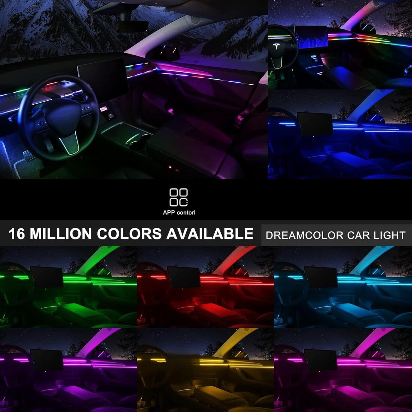 Dreamcolor Acrylic Interior Car Lights, LAYE SRT
Car LED Strip Light with Bluetooth APP, Car Ambient Lighting Kit with RGB 6 in 1 and 175 inches 593 LEDs, 16 Million Colors