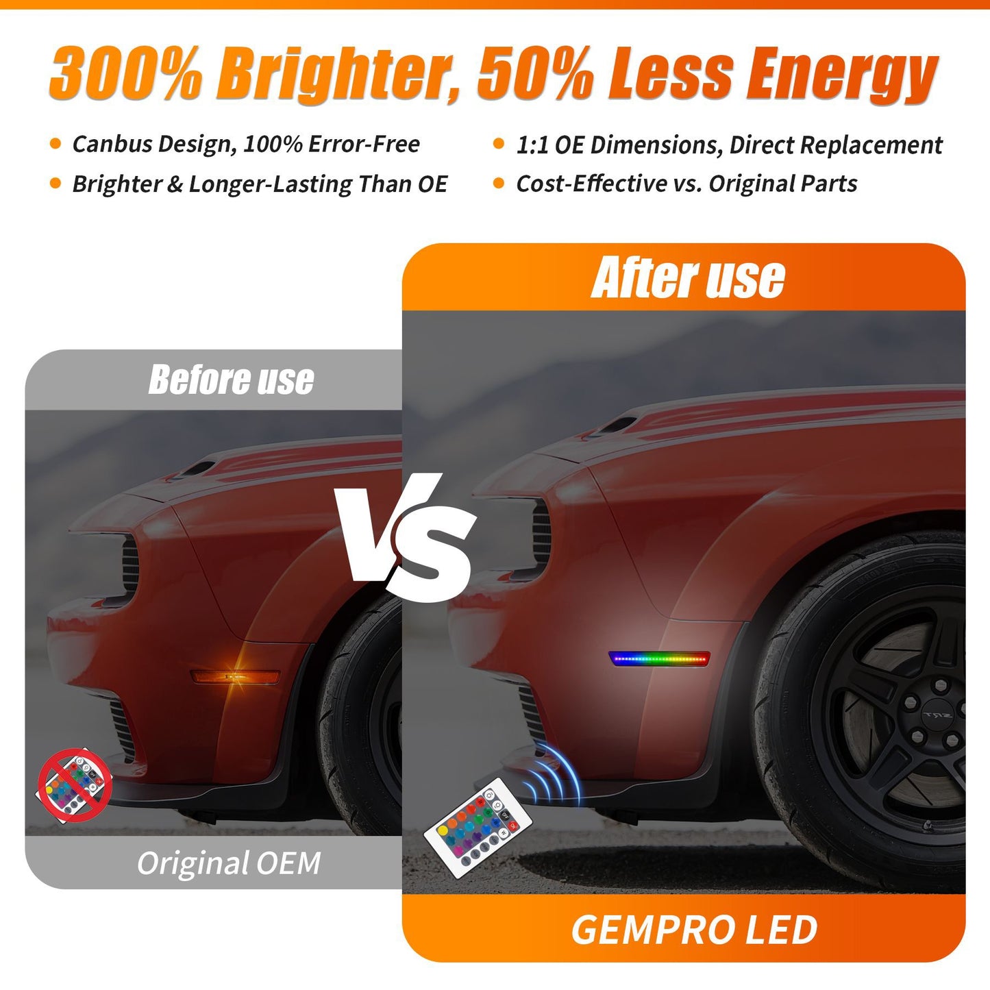 RGB Led side marker for Dodge Challenger 2008-14 & 2015-2023( Front+ Rear Bumper)